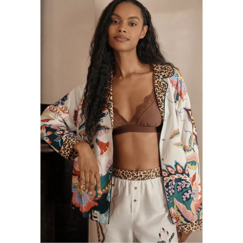 ANTHROPOLOGIE Sarah Gordon Floral Flannel Pajama Top Button Front Sleepwear NWT - Picture 7 of 8